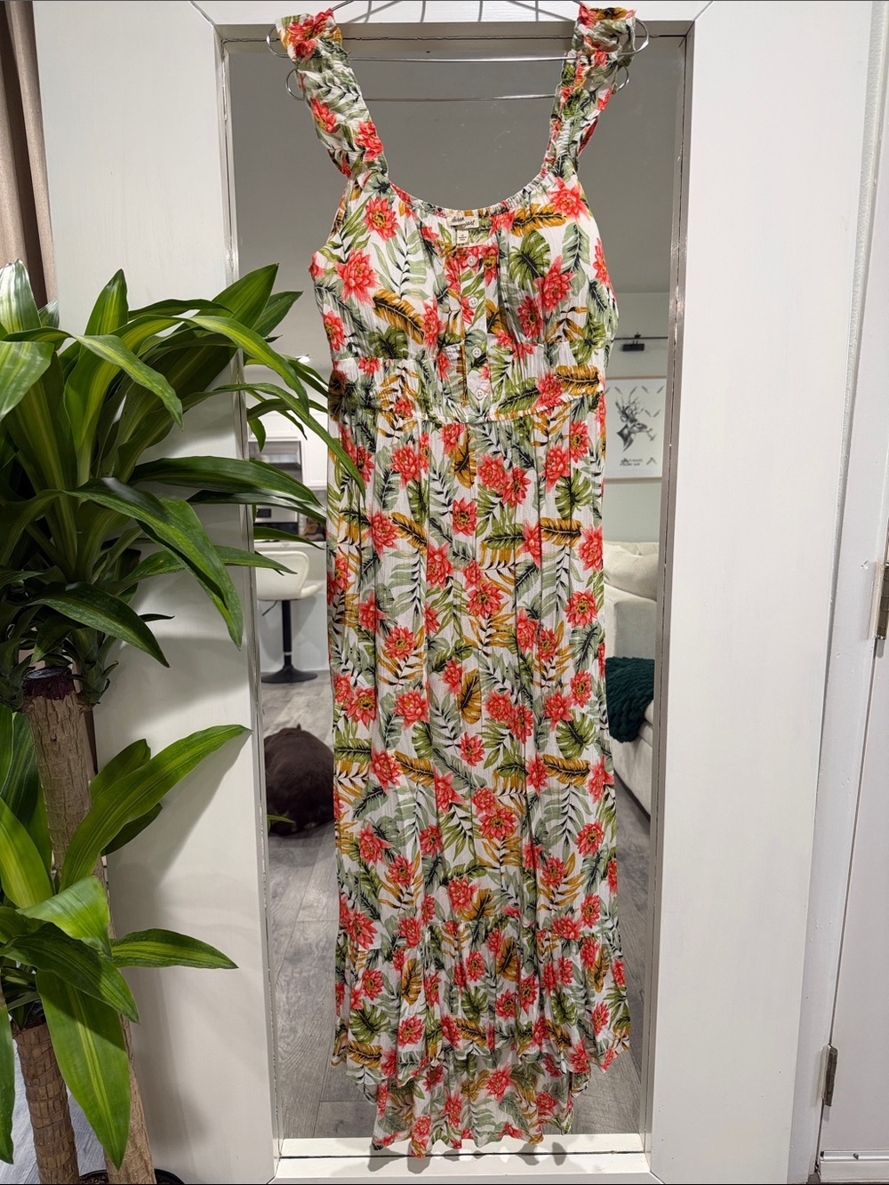 Floral Ruffle Strap Maxi Dress - White with Coral & Green